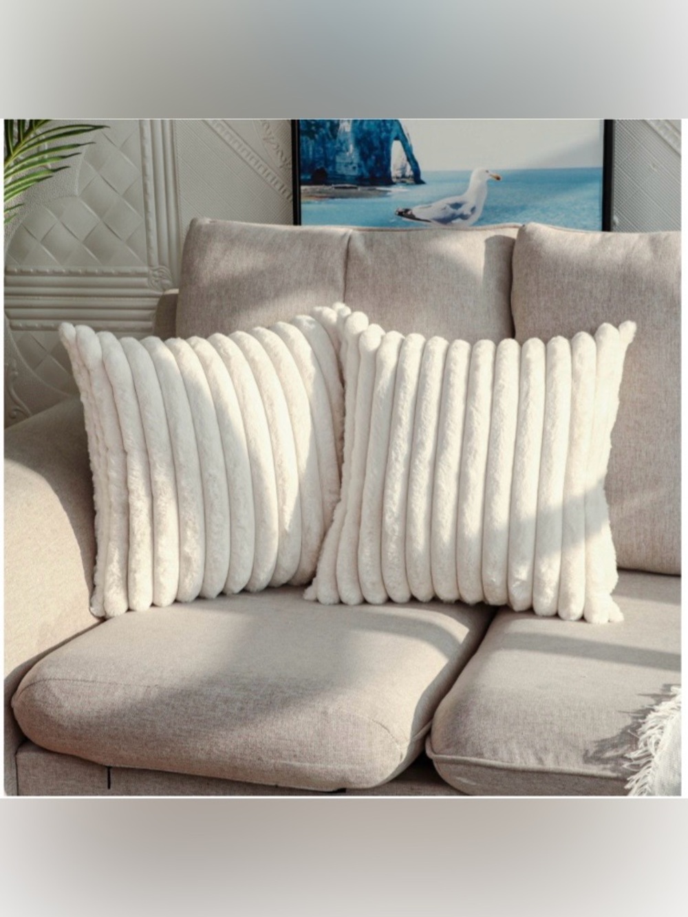 Faux Fur Decorative Ribbed VELVET Pillow Covers 26x26” - CREAM WHITE